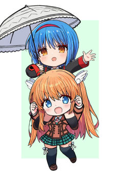 Rule 34 | 2girls, :d, aqua background, birthday, birthday connection, black jacket, black socks, black thighhighs, blue eyes, blue hair, blush, bow, bow legwear, brown jacket, carrying, chibi, chibi only, clenched hands, commentary, company connection, crossover, eyelashes, full body, gensou roukaku, green skirt, hair between eyes, hair ornament, hairband, hands up, highres, holding, holding umbrella, jacket, key (company), kneehighs, little busters!, little busters! school uniform, long hair, long sleeves, looking at viewer, medium hair, miniskirt, multiple girls, nishizono mio, ootori chihaya, open mouth, orange eyes, orange hair, outstretched arm, outstretched hand, plaid clothes, plaid skirt, red hairband, rewrite, school uniform, shoulder carry, simple background, skirt, smile, socks, straight hair, symbol-only commentary, tareme, thighhighs, two-tone background, two side up, umbrella, under umbrella, v-shaped eyebrows, very long hair, white background, white bow, white umbrella, wing hair ornament, zettai ryouiki