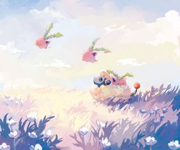 closed_mouth cloud day flower from_side gen_2_pokemon highres hoppip looking_up lying mareep nashiro_o77o nintendo no_humans outdoors pokemon pokemon_(creature) sky smile white_flower yellow_eyes