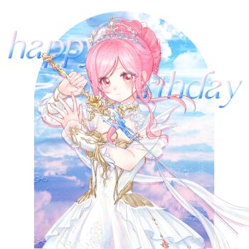 Rule 34 | 1girl, arch, beads, blue sky, border, closed mouth, clothing cutout, cloud, collar, commentary, cowboy shot, detached collar, dot nose, dress, earrings, english commentary, english text, eyelashes, fingernails, frilled arm warmers, hair bun, happy birthday, highres, holding, holding sword, holding weapon, infinity nikki, jewelry, lace collar, light blush, long sidelocks, looking at viewer, melody bloom (infinity nikki), nikki (nikki), nikki (series), outside border, pink eyes, pink hair, pleated dress, rapier, sample watermark, short hair with long locks, short sleeves, shoulder cutout, sidelocks, single hair bun, sky, smile, solo, standing, sword, tiara, tushuoxi1, updo, watermark, watermark grid, wavy hair, weapon, white arm warmers, white border, white collar, white dress