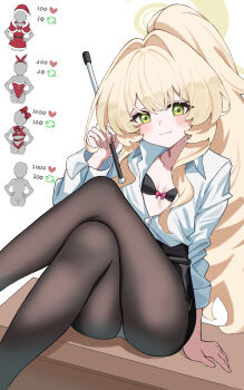 1girl absurdres black_bra black_pantyhose black_skirt blonde_hair blue_archive blush bra breasts closed_mouth collared_shirt commentary_request crossed_legs green_eyes halo highres holding like_and_retweet long_hair long_sleeves looking_at_viewer meme open_clothes pantyhose pencil_skirt pointer ponytail professor_niyaniya_(blue_archive) professor_niyaniya_(teacher)_(blue_archive) shirt simple_background sitting skirt small_breasts smile solo stale_beer_(kinonuketa_biiru) twitter_strip_game underwear white_background white_shirt yellow_halo