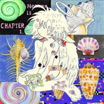 1other angel_wings animated animated_gif blinking chinese_commentary closed_mouth commentary_request dot_mouth feathered_wings full_body glitch hands_on_own_knees looking_to_the_side looping_animation no_nose oliwa original other_focus pointy_ears scallop seashell shell short_hair sitting snail star_(symbol) wariza wings