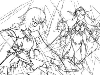 2girls breasts bridal_gauntlets grimms_notes long_hair magic_mirror_(grimms_notes) mirror mirror_plate_fiend_(grimms_notes) monster_girl multiple_girls profile sketch source_request sta0829913 unfinished very_long_hair
