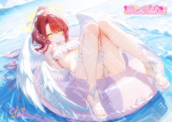 1girl absurdres angel_wings ass bangle bare_legs bare_shoulders bikini bow bracelet breasts closed_mouth commentary_request feathered_wings frilled_bikini frilled_thigh_strap frills hair_bow hair_spread_out halo hand_up high_ponytail highres innertube jewelry legs_up leone_(kamina0205) long_hair looking_at_viewer lying on_back original platform_sandals pointy_ears ponytail red_hair sample_watermark sandals side-tie_bikini_bottom smile solo string_bikini swim_ring swimsuit thigh_strap thighs too_many_watermarks underboob water watermark white_bikini wings yellow_eyes