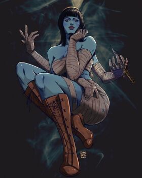 1girl bandages black_background black_hair blue_skin blunt_bangs boots brown_boots colored_skin commentary ellie_mehl extra_arms eyelashes full_body hana_hana_no_mi highres holding holding_knife knife medium_hair nico_robin one_piece red_lips smoke solo watermark