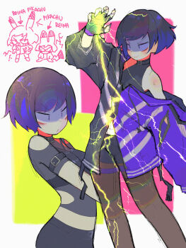 1girl absurdres commentary electricity electrokinesis fingerless_gloves fingernails gen_1_pokemon gloves highres hood hood_down jacket pikachu purple_jacket pyoko_(sandwicha) reina_(tekken) sharp_fingernails short_hair tekken tekken_8 zipper