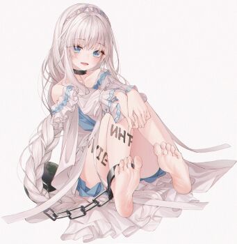 1girl amaroku_neko barefoot black_choker blue_eyes braid choker cuffs dress long_hair looking_at_viewer open_mouth original shackles simple_background sitting smile solo toes white_background white_dress white_hair