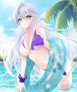 Rule 34 | 1girl, aqua hair, bare shoulders, bikini, blush, breasts, buoy, cleavage, closed mouth, collarbone, feathered wings, feathers, green eyes, h4n4m1 2, hair between eyes, head wings, highres, honkai: star rail, honkai (series), long hair, looking at viewer, medium breasts, navel, palm tree, purple bikini, robin (honkai: star rail), scrunchie, smile, solo, stomach, sunlight, swimsuit, tree, water, wings, wrist scrunchie