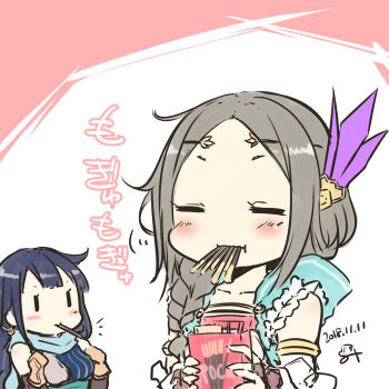 2girls atelier_(series) atelier_firis blue_hair blush brown_hair chibi closed_eyes dated eating firis_mistlud food food_in_mouth hair_ornament highres holding holding_food liane_mistlud long_hair minidraco multiple_girls pocky pocky_in_mouth scarf signature smile translation_request upper_body you're_doing_it_wrong |_|