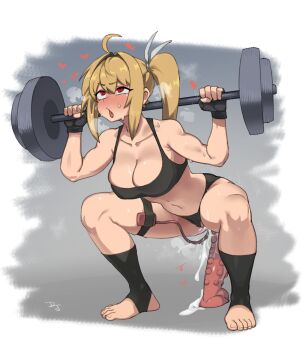 1girl ahoge barbell black_gloves black_panties black_sports_bra blonde_hair blush breasts cleavage clothing_aside collarbone commission difman dildo dildo_riding exercising feet female_ejaculation female_masturbation fingerless_gloves full_body gloves hair_between_eyes heart highres large_breasts long_hair masturbation navel nipples original panties panties_aside red_eyes rolling_eyes sex_toy side_ponytail sidelocks solo sports_bra squatting stirrup_legwear sweat thigh_strap toeless_legwear underwear vibrator vibrator_in_thigh_strap weightlifting