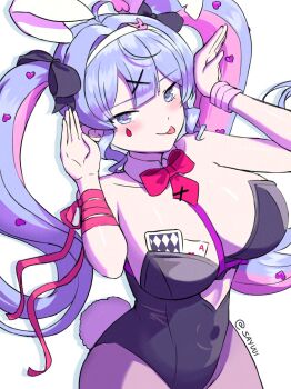 1girl ace_(playing_card) ace_of_hearts animal_ears aqua_eyes aqua_hair arm_ribbon artist_name bare_shoulders black_bow black_leotard blush bow bowtie breasts card cleavage clothing_cutout covered_navel cutout_above_navel detached_collar facial_mark fake_animal_ears fake_tail hair_bow hair_ornament hatsune_miku heart heart_cutout heart_hair_ornament leotard long_hair looking_at_viewer multicolored_hair necktie object_in_bra pantyhose pink_hair pink_pupils playboy_bunny playing_card rabbit_ears rabbit_hole_(vocaloid) rabbit_tail red_ribbon ribbon sayuui simple_background smile solo strapless strapless_leotard tail teardrop_facial_mark twintails two-tone_hair very_long_hair vocaloid x_hair_ornament