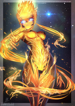 Rule 34 | 1girl, blue eyes, breasts, claws, colored skin, cthugha, cthulhu mythos, elemental (creature), english text, fantasy, fiery hair, fingernails, fire, glowing, glowing eyes, highres, kein hasegawa, long fingernails, long hair, looking at viewer, medium breasts, navel, orange skin, original, personification, pointy ears, reaching, reaching towards viewer, sharp fingernails, signature, solo, star (sky), very long hair, yellow skin