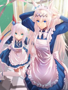 2girls ahoge animal_ears apron blue_dress blue_eyes blue_hairband blush bow closed_mouth commentary_request dress ear_covers ear_ornament grey_hair grey_tail grin hair_between_eyes hair_ornament hairband hallway headband horse_ears horse_girl horse_tail long_hair long_sleeves maid maid_apron maid_headdress multicolored_hair multicolored_hairband multiple_girls oguri_cap_(umamusume) open_mouth ponytail red_headband sami86638476 smile striped_clothes striped_hairband tail tamamo_cross_(umamusume) teeth thighhighs twintails two-tone_hairband tying_hair umamusume umamusume:_cinderella_gray very_long_hair white_apron white_bow white_thighhighs