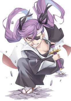 1girl bleach bleach:_sennen_kessen-hen breasts crack cracked_floor eyepatch female_focus fighting_stance grin haori highres holding holding_sword holding_weapon japanese_clothes long_hair purple_eyes purple_hair saitou_furoufushi sakuya_(liao_kj) shihakusho simple_background small_breasts smile sword teeth twintails weapon white_background zanpakutou
