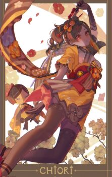 Rule 34 | 1girl, arm up, black choker, black gloves, black sandals, black thighhighs, blonde hair, border, bow, brown hair, character doll, character name, chiori (genshin impact), choker, closed mouth, commentary, doll, elbow gloves, english commentary, floating clothes, floral background, floral print, flower, flower ornament, gem, genshin impact, gloves, grey border, hair flower, hair ornament, hair stick, high ponytail, highres, holding, holding sword, holding weapon, japanese clothes, katana, kimono, kiwiteamlp, long hair, looking at viewer, multicolored hair, orange flower, orange gemstone, orange hair, orange kimono, outside border, petals, ponytail, red eyes, red flower, red sash, sandals, sash, short sleeves, solo, striped bow, sword, thighhighs, vision (genshin impact), weapon, white background, yellow bow