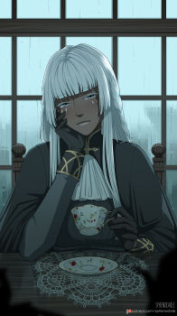 1girl absurdres artist_name ascot black_gloves blunt_bangs blush brigitta_(metaphor:_refantazio) chair colored_eyelashes commission cup dark-skinned_female dark_skin facial_mark gloves grey_eyes grey_sweater hand_on_own_face head_rest highres hime_cut holding holding_cup light_smile long_hair looking_at_viewer metaphor:_refantazio patreon_logo rain ribbed_sweater saucer sidelocks sitting solo sphenodaile sweater table teacup upper_body white_ascot white_hair window