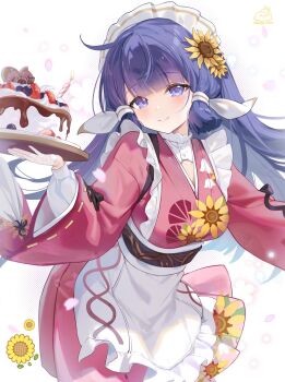 1girl absurdres alice_vu apron blue_hair blunt_tresses cake commentary flower food gloves hair_flower hair_ornament half_gloves hashtag-only_commentary highres japanese_clothes layered_sleeves long_sleeves maid maid_headdress nanoha_(stella_sora) purple_eyes simple_background stella_sora sunflower sunflower_hair_ornament symbol-only_commentary wa_maid white_apron white_background white_gloves wide_sleeves