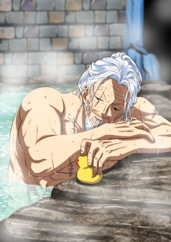 Rule 34 | 1boy, black eyes, closed mouth, commentary request, facial hair, highres, male focus, mature male, musasabiop, mustache stubble, nude, old, old man, one piece, onsen, partially submerged, rubber duck, scar, scar across eye, scar on arm, scar on chest, scar on face, silvers rayleigh, smile, solo, steam, stone wall, stubble, wet