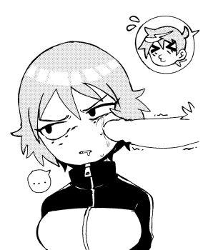 1boy 1girl annoyed blupixl clothed_female_nude_male freckles greyscale highres jacket kim_pine male_pubic_hair monochrome nude penis_on_face poking precum pubic_hair scott_pilgrim scott_pilgrim_(series) short_hair speech_bubble track_jacket twitching_penis