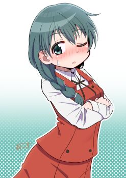 1girl absurdres arched_back blush braid commentary_request commission cowboy_shot crossed_arms dress_shirt gradient_background green_background green_hair hair_over_shoulder hidamari_sketch highres ice_compass0610 long_hair long_sleeves natsume_(hidamari_sketch) neck_ribbon one_eye_closed pixiv_commission polka_dot polka_dot_background red_skirt red_vest ribbon school_uniform shirt skirt solo sweatdrop tsundere vest white_shirt winter_uniform yamabuki_high_school_uniform