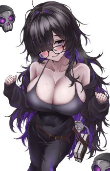 1girl bags_under_eyes bare_shoulders belt black-framed_eyewear black_cardigan black_dress black_hair blush book breasts brown_belt cardigan cardigan_partially_removed cleavage collarbone colored_inner_hair commentary_request dress floating_skull glasses goddess_of_victory:_nikke hair_over_one_eye highres label_(nikke) large_breasts lds_(dstwins97) long_hair looking_at_viewer mole mole_on_breast multicolored_hair nervous_smile parted_lips purple_eyes purple_hair purple_streaks smile solo stuffed_animal stuffed_rabbit stuffed_toy sweat two-tone_hair very_long_hair