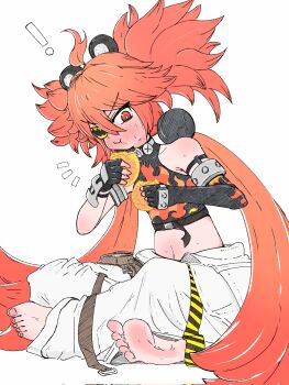 1girl ahoge animal_ears bare_shoulders bear_ears black_gloves breasts commentary_request crop_top eyepatch fake_animal_ears fingerless_gloves gloves hair_between_eyes hair_ornament highres holding iamrogk koleda_belobog long_hair looking_at_viewer midriff navel pants red_eyes red_hair solo sphere_hair_ornament twintails zenless_zone_zero