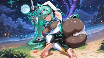 1girl absurdres aqua_eyes aqua_hair armored_bodysuit armpits ass barefoot beach black_bodysuit bodysuit breasts cloud elbow_gloves gloves hair_ornament headpiece highres holding holding_sword holding_weapon horns itzah large_breasts long_hair looking_at_viewer moon night night_sky ocean outdoors pixel_art pneuma_(xenoblade) single_horn skin_tight sky smile soles solo swept_bangs sword thighs toes tre tree very_long_hair weapon white_gloves xenoblade_chronicles_(series)