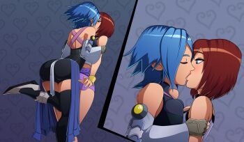 2girls aqua_(kingdom_hearts) ass belt black_thighhighs blue_eyes blue_hair blush breast_press breasts closed_eyes disney female_focus forced_kiss gloves grabbing_another&#039;s_arm highres huge_ass kairi_(kingdom_hearts) kingdom_hearts kiss large_breasts leg_lift midriff miniskirt multiple_girls pink_belt ravenravenraven red_hair short_hair skirt square_enix surprise_kiss surprised thighhighs thighs wide_hips yuri