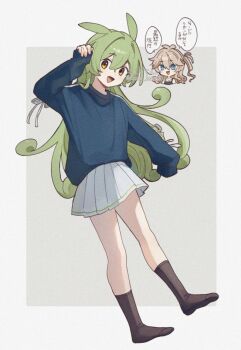 2girls :d alternate_hairstyle blonde_hair blue_eyes blue_shirt border brown_socks chibi chibi_only commentary corn_kuten full_body green_hair grey_background hair_between_eyes kasukabe_tsumugi long_hair long_sleeves looking_at_viewer multiple_girls no_shoes open_mouth outside_border pleated_skirt shirt simple_background skirt sleeves_past_wrists smile socks speech_bubble standing translation_request voicevox white_border white_skirt yellow_eyes zundamon