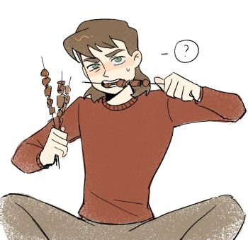 1boy ? brown_hair brown_pants dmitry_bratsky eating food food_in_mouth green_eyes hashtag-only_commentary highres holding holding_food long_sleeves looking_at_viewer male_focus medium_hair my_student_spirit open_mouth pants red_sweater simple_background sitting skewer solo spoken_question_mark sweatdrop sweater white_background yy20251111