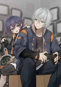 Rule 34 | absurdres, bangboo (zenless zone zero), belle (zenless zone zero), blue hair, blue nails, brother and sister, closed mouth, cowboy shot, dodo (yatotoyatoto), eous (zenless zone zero), fingernails, green eyes, grey hair, hair between eyes, hair ornament, hairclip, highres, indoors, looking at another, nail polish, open mouth, short hair, siblings, sidelocks, sitting, smile, teeth, wise (zenless zone zero), zenless zone zero