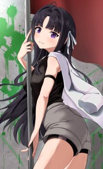 1girl absurdres ahoge armlet awa_subaru between_breasts black_hair black_shirt breasts commentary girls_band_cry grey_shorts hair_ribbon highres jacket jacket_on_shoulders jewelry large_breasts long_hair looking_at_viewer nanafuku parted_bangs parted_lips pole purple_eyes ribbon shirt shorts solo white_jacket white_ribbon