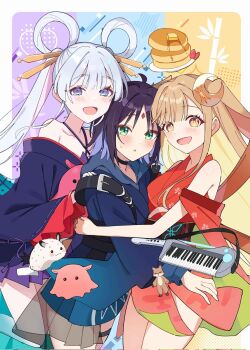 Rule 34 | 3girls, animal ears, bare shoulders, black hair, blonde hair, blue eyes, blue hair, cho kaguya-hime!, commentary, crescent, crescent hair ornament, forehead jewel, girl sandwich, green eyes, hair ornament, hair rings, hair stick, hand on another's shoulder, highres, hug, kaguya (cho kaguya-hime!), long sleeves, looking at viewer, lop rabbit ears, multicolored hair, multiple girls, open mouth, orange eyes, pink hair, rabbit ears, runami yachiyo, sakayori iroha, sandwiched, shirota (takoyaki 110721), smile, twintails, two-tone hair, white hair, wide sleeves