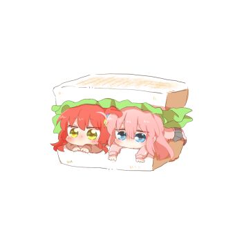 2girls blue_eyes bocchi_the_rock! brown_shirt chibi cube_hair_ornament food gotoh_hitori grey_skirt hair_between_eyes hair_ornament in_food jacket kita_ikuyo long_hair long_sleeves mini_person minigirl multiple_girls one_side_up pants pants_under_skirt pink_hair pink_jacket pink_pants pleated_skirt puffy_long_sleeves puffy_sleeves rebecca_(keinelove) red_hair sandwich shirt simple_background skirt sleeves_past_wrists track_jacket track_pants track_suit white_background