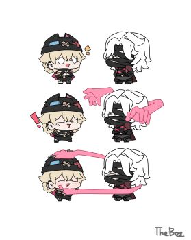 ! 1boy 1girl absurdres animal_ear_headwear arms_at_sides asymmetrical_legwear bandage_over_one_eye bandaged_chest bandeau beanie bezthebez8 black_bandages black_bandeau black_collar black_gloves black_hat black_pants black_shorts blank_eyes blonde_hair blush braid braided_hair_rings chin_rub closed_eyes collar curtained_hair drooling ear_piercing extra_arms facing_another fake_animal_ears genshin_impact gloves hair_intakes hair_rings hat headpat highres jahoda_(genshin_impact) looking_at_another mismatched_legwear mouth_drool nervous_sweating notice_lines open_mouth pants piercing red_eyes rerir_(genshin_impact) sanpaku sequential shorts standing sweat white_hair