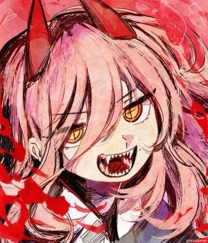 1girl :d absurdres artist_name black_necktie blood chainsaw_man cinnotomon collared_shirt cross-shaped_pupils demon_girl demon_horns double-parted_bangs eyes_visible_through_hair fangs from_above hair_between_eyes hashtag-only_commentary hatching_(texture) highres horns jitome long_hair long_hair_between_eyes looking_at_viewer necktie open_mouth pink_hair portrait power_(chainsaw_man) red_background red_horns sharp_teeth shirt simple_background smile solo swept_bangs symbol-shaped_pupils teeth v-shaped_eyebrows white_shirt yellow_eyes