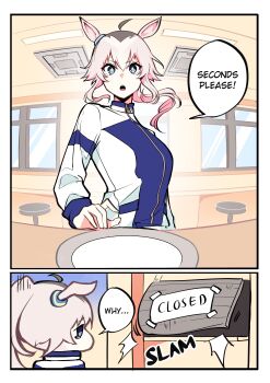 1girl absurdres ahoge animal_ears blue_eyes blue_jacket border breasts cafeteria choppy_bangs commentary english_commentary english_text grey_hair hair_between_eyes highres horse_ears horse_girl hungry indoors jacket kasamatsu_tracen_school_uniform long_hair long_sleeves looking_at_viewer medium_breasts mirui09 multicolored_jacket oguri_cap_(umamusume) open_mouth plate sad school_uniform speech_bubble talking tearing_up track_jacket two-tone_jacket umamusume umamusume:_cinderella_gray white_border white_jacket