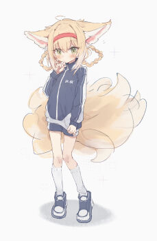 1girl absurdres alternate_costume animal_ears arknights blonde_hair blue_jacket blue_shoes blue_shorts blush braid braided_hair_rings closed_mouth commentary fox_ears fox_girl fox_tail full_body green_eyes gym_shorts gym_uniform hair_rings hairband highres jacket kneehighs long_sleeves looking_at_viewer multiple_tails nalphanne red_hairband shoes short_shorts shorts sketch socks solo suzuran_(arknights) symbol-only_commentary tail track_jacket twin_braids white_background white_socks
