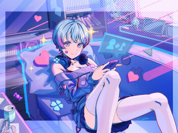 Rule 34 | 1girl, absurdres, aegyo sal, bang dream!, bang dream! mugendai mewtype, blue skirt, blush, can, cellphone, chips (food), closed mouth, commentary, couch, food, grey eyes, hair ornament, hairclip, highres, holding, holding phone, indoors, long sleeves, looking at viewer, minetsuki ritsu, off-shoulder sweater, off shoulder, phone, pillow, pleated skirt, potato chips, remote control vibrator, sex toy, short hair, sitting, skirt, smartphone, solo, sweater, thighhighs, vibrator, virtual youtuber, white thighhighs, zuka ryu