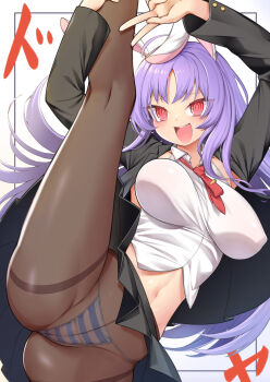 1girl @_@ absurdres animal_ears arms_up black_border black_jacket black_skirt blue_panties border breasts brown_pantyhose carrot_pin commentary_request crop_top doyagao floating_hair harunoha highres jacket long_hair long_sleeves looking_at_viewer medium_breasts midriff navel necktie open_mouth panties panties_under_pantyhose panties_visible_through_clothes pantyhose parted_bangs pleated_skirt purple_hair rabbit_ears rabbit_girl raised_inner_eyebrows red_necktie reisen_udongein_inaba ringed_eyes shirt short_necktie simple_background skirt smile smug solo split standing standing_on_one_leg standing_split striped_clothes striped_panties teeth touhou underwear upper_teeth_only v very_long_hair white_background white_shirt
