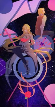 1boy 1girl arm_support armor armored_boots armored_dress axis_powers_hetalia back-to-back bare_shoulders black_thighhighs blonde_hair boots bouquet bow breasts brown_pants brown_vest chain chinese_commentary closed_mouth country_connection couter crossover curtained_hair dress facial_hair falling_petals fate/grand_order fate_(series) faulds feet_out_of_frame flag flag_print flower france_(hetalia) french_flag french_flag_print full_body gauntlets hair_bow headpiece high-low_dress high_heel_boots high_heels highres holding holding_bouquet jeanne_d&#039;arc_(fate) jeanne_d&#039;arc_(ruler)_(fate) jeanne_d&#039;arc_(third_ascension)_(fate) large_breasts legs_together long_hair looking_at_viewer looking_back lou_xiaotiao low_ponytail medium_hair on_mini_planet orb pants petals pink_eyes planet planted planted_sword planted_weapon ponytail popped_collar print_bow red_flower red_rose rose sitting sky sleeveless sleeveless_dress smile space star_(sky) starry_sky stubble sword thighhighs three-quarter_sleeves turtleneck turtleneck_dress very_long_hair vest weapon white_dress