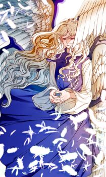 akatsuki_records angel angel_wings blue_dress blue_eyes blue_hair dress feathered_wings genderswap genderswap_(otf) highres long_hair long_sleeves multiple_wings sariel_(touhou) seraph touhou touhou_(pc-98) very_long_hair white_wings wings yoni.