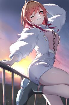 1girl absurdres against_railing bare_legs boots center_frills commentary_request earrings frills fur_jacket hand_on_railing high-waist_shorts highres hololive hololive_dev_is hoop_earrings ichijou_ririka jacket jewelry leaning_back one_eye_closed oz1n pink_shirt railing shirt shorts solo yellow_eyes