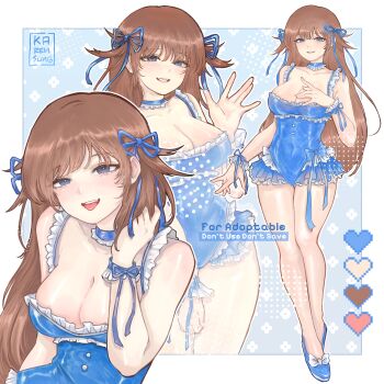 1girl absurdres adoptable blue_bow blue_choker blue_eyes blue_leotard blue_one-piece_swimsuit blue_ribbon blue_shoes border bow breasts brown_hair choker collarbone commentary cowboy_shot english_commentary footwear_bow frilled_one-piece_swimsuit frilled_straps frilled_wrist_cuffs frills full_body hair_ribbon hair_wings hand_up highres karensung large_breasts leotard long_hair looking_at_viewer multiple_views one-piece_swimsuit original ribbon shoes smile swimsuit thighs watermark white_border white_wrist_cuffs wispy_bangs wrist_bow wrist_cuffs