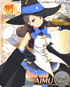 1girl aimu_(senran_kagura) arrow_(projectile) black_cape blue_bow blue_bowtie blue_skirt blue_thighhighs border bow bow_(weapon) bowtie breasts brown_eyes cape card_(medium) character_name crossbow curled_ends curly_hair detached_sleeves game_cg grin hair_ornament hairclip hand_on_own_hip hat holding holding_crossbow holding_weapon large_breasts large_hat looking_at_viewer low_twintails official_art pleated_skirt senran_kagura senran_kagura_new_wave skirt smile solo swept_bangs thighhighs tube twintails vest weapon white_vest witch witch_hat