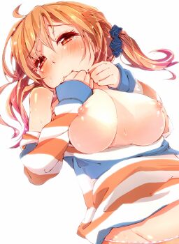 10s 1girl blush breast_suppress breasts breasts_squeezed_together brown_hair crying crying_with_eyes_open dutch_angle female_focus hato_haru highres idolmaster idolmaster_cinderella_girls large_breasts long_hair looking_at_viewer nipples orange_eyes orange_hair scrunchie shirt simple_background solo striped_clothes striped_shirt striped_sweater sweat sweater tears top_pull totoki_airi twintails white_background yellow_eyes