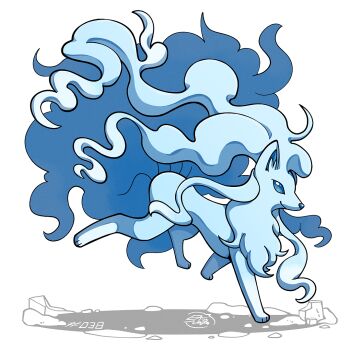 Rule 34 | alolan form, alolan ninetales, blue eyes, blue fur, extra tails, gen 7 pokemon, looking at viewer, mistray-art, nintendo, no humans, numbered, pokemon, pokemon (creature), signature, simple background, solo, white background