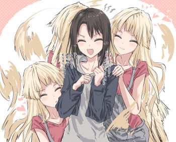 2girls :3 ^_^ afterimage bang_dream! bang_dream!_girls_band_party! black_hair blonde_hair blue_jacket chestnut_mouth closed_eyes closed_mouth collarbone commentary grey_hoodie grey_overalls highres hood hood_down hoodie jacket long_hair long_sleeves medium_hair multiple_girls okusawa_misaki open_clothes open_jacket open_mouth overalls parted_lips red_shirt shirt standing translation_request tsurumaki_kokoro v-shaped_eyebrows very_long_hair yukitake_(bullfalk)