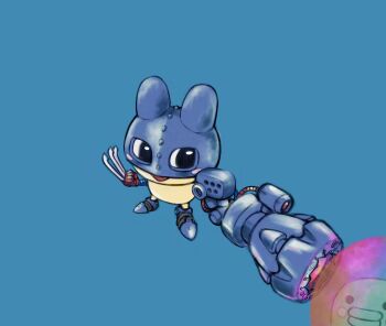 Rule 34 | arm cannon, armored boots, bandai, blue background, blush, blush stickers, boots, claws, cosplay, crossover, cyborg, digimon, energy ball, energy cannon, helmet, highres, kuchipatchi, mametchi, mas square, metalmamemon, metalmamemon (cosplay), open mouth, pose imitation, smile, tamagotchi, tamagotchi (creature), weapon