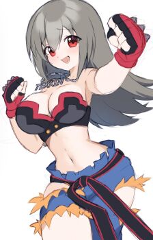 1girl breasts choujigen_game_neptune cleavage fingerless_gloves gloves grey_hair highres jewelry long_hair martial_arts_belt medium_breasts necklace neptune_(series) pants red_eyes red_gloves strapless_sports_bra suuuuica tekken_(neptunia) torn_clothes torn_pants