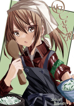1girl absurdres apron armband black_apron brown_eyes brown_hair brown_jacket commentary_request double_vertical_stripe green_armband highres jacket kantai_collection long_hair michishio_(kancolle) michishio_(saury_festival)_(kancolle) official_alternate_costume porridge solo spatula torisu_(highball_kai) track_jacket translation_request twintails upper_body